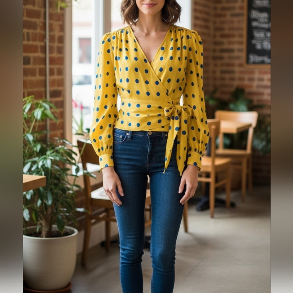 Ungaro Parallele Paris Yellow Wrap Blouse with Blue Dots Sz 4 Vintage